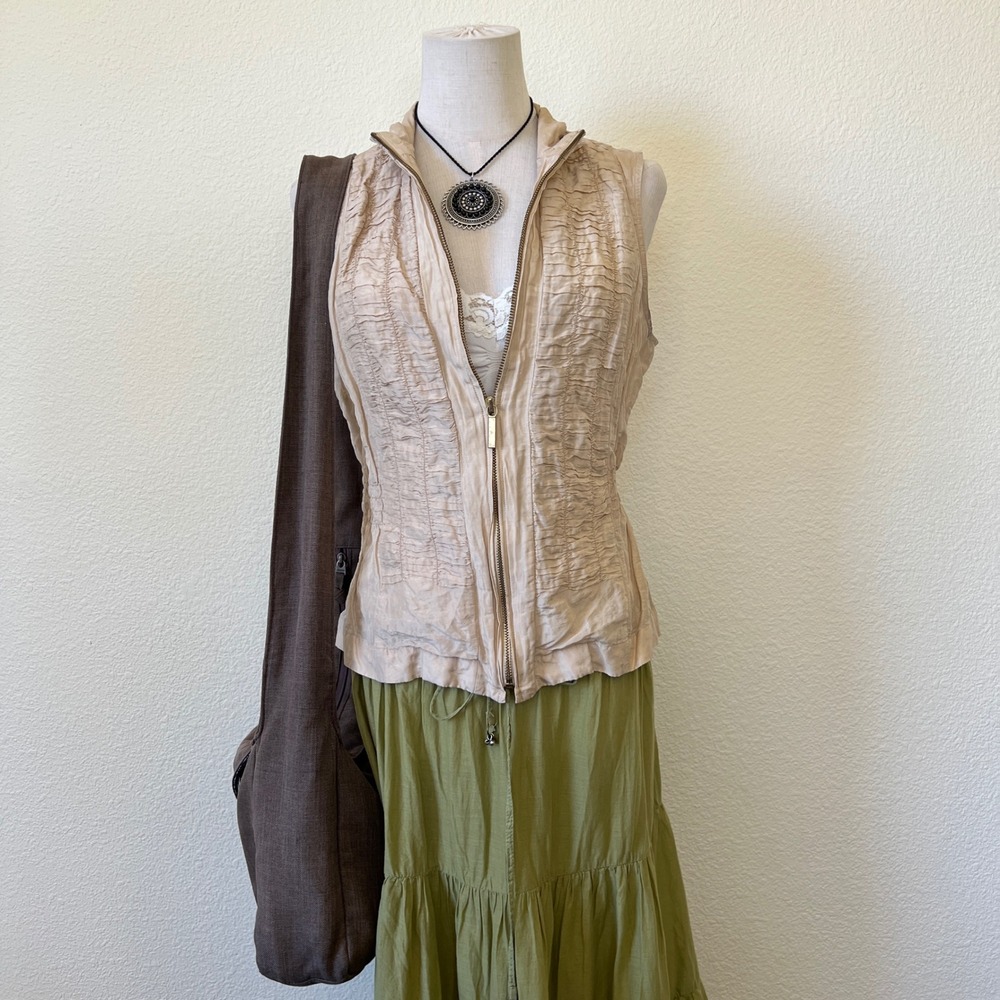 Full Zip Ruched Champagne gold Top Vest‎ Sleeveless Fairy Grunge Mori Layering